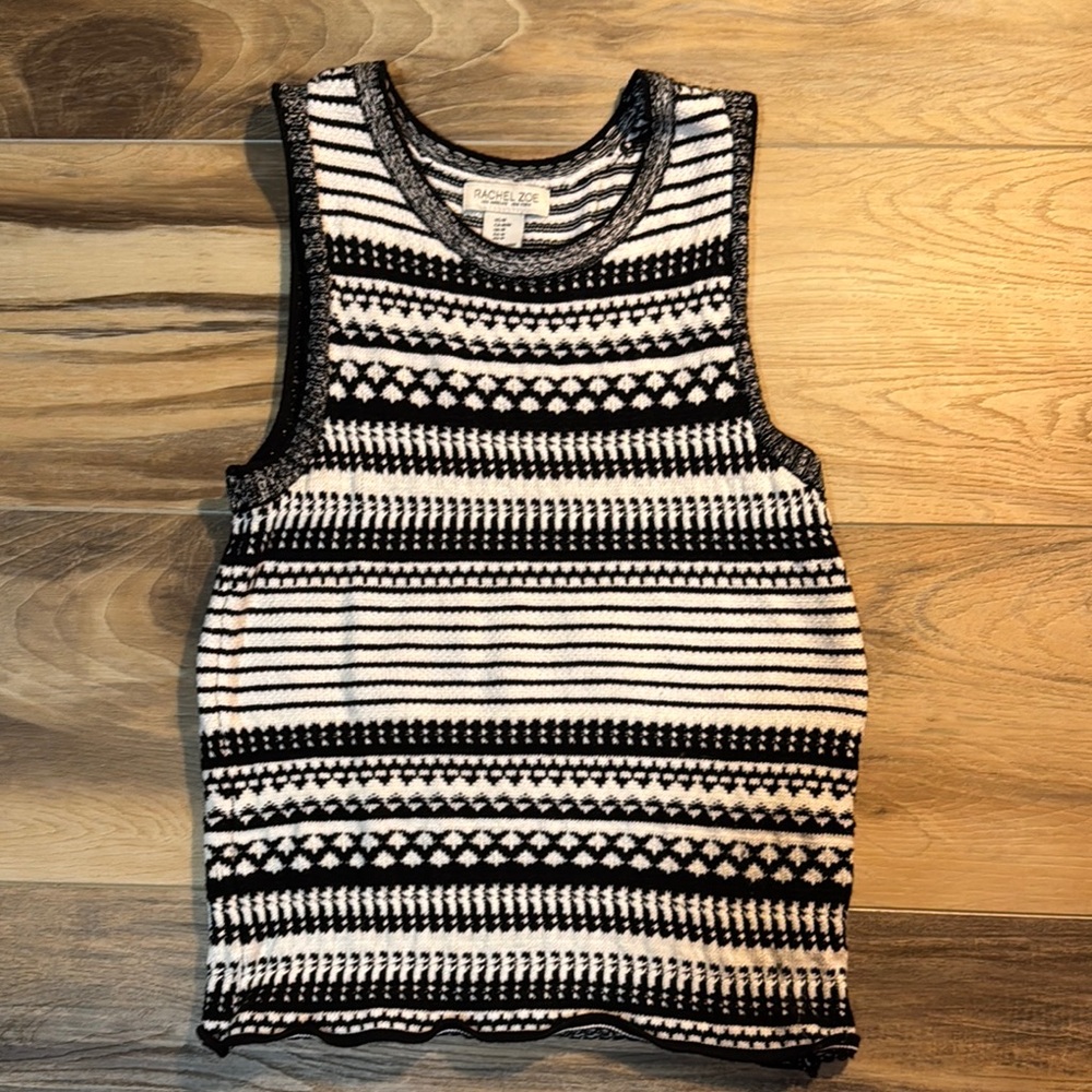 Rachel Zoe Women’s Sweater Tank Medium White Black Fair Isle Preppy